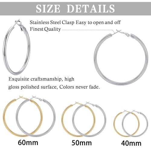 4/5/6 Pairs Gold Hoop Earrings for Women, Hypoallergenic Silver Gold Plated Stainless Steel Huggie Hoop Earrings Set Trendy Jewelry Gifts Lightweight 30/40/50/60/70MM - color: 6 Pairs gold silver Plated Hoop Earrings-40/50/60