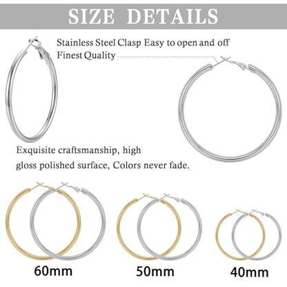 4/5/6 Pairs Gold Hoop Earrings for Women, Hypoallergenic Silver Gold Plated Stainless Steel Huggie Hoop Earrings Set Trendy Jewelry Gifts Lightweight 30/40/50/60/70MM - color: 6 Pairs gold silver Plated Hoop Earrings-40/50/60