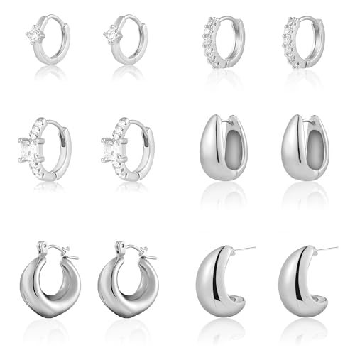 6 Pairs Gold Hoop Earrings for Women, 14K Gold Plated Huggie Hoop Earrings Set Hypoallergenic Lightweight Chunky Open Hoops Jewelry for Gift - color: Silver Earrings