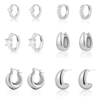 6 Pairs Gold Hoop Earrings for Women, 14K Gold Plated Huggie Hoop Earrings Set Hypoallergenic Lightweight Chunky Open Hoops Jewelry for Gift - color: Silver Earrings