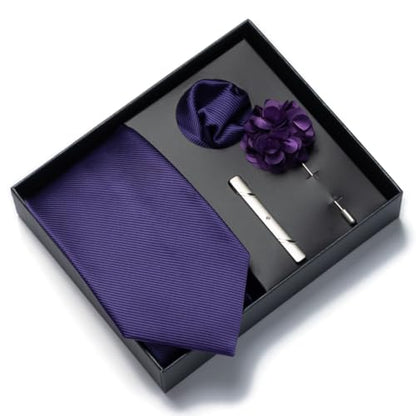 joy alice 30 Colors Solid Ties for Man Pure Color Men's Tie Set with Lapel Pin Pocket Square Tie Clip - color: Purple