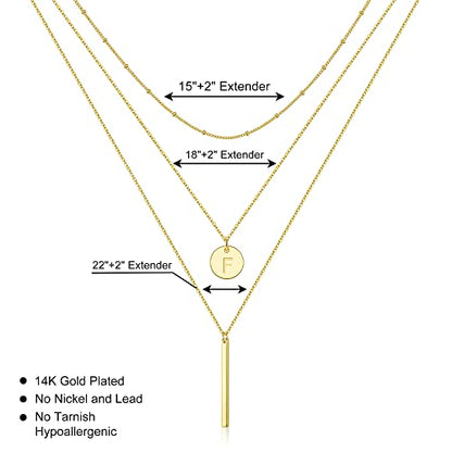 Initial Layered Necklaces for Women, 14K-Gold-Plated Coin Letter Necklace Bar Stacking Layer Necklace Multi Bar Layering Y-Necklaces Jewelry for Women - color: 14K-Gold-Plated, style: F