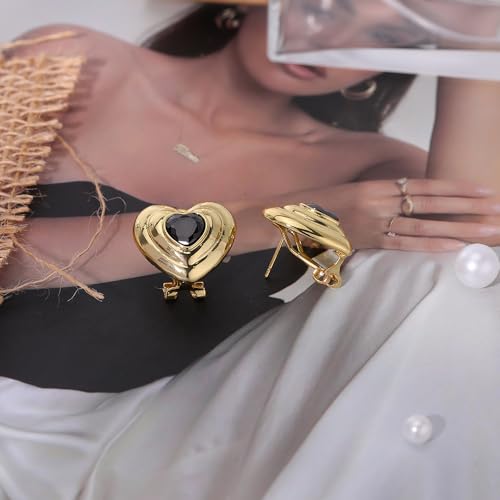 Chunky Gold Geometric Stud Earrings Trendy Vintage 14K Gold Plated Black Cubic Zirconia Statement Cocktail Earrings Dupes Jewelry for Women - style: Black Heart