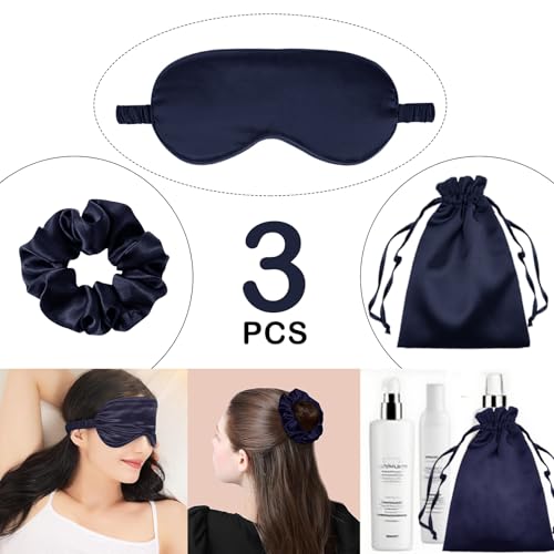 3Pcs Satin Eye Mask Silk Sleep Masks Set Silky Blindfold Eyeshade Blackout Eyes Cover Pouches Bag Scrunchy Wedding Gift - color: Navy