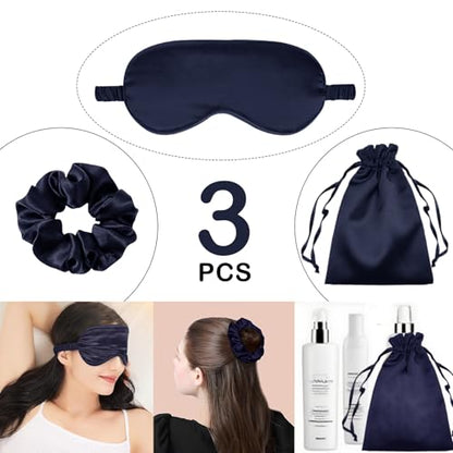 3Pcs Satin Eye Mask Silk Sleep Masks Set Silky Blindfold Eyeshade Blackout Eyes Cover Pouches Bag Scrunchy Wedding Gift - color: Navy