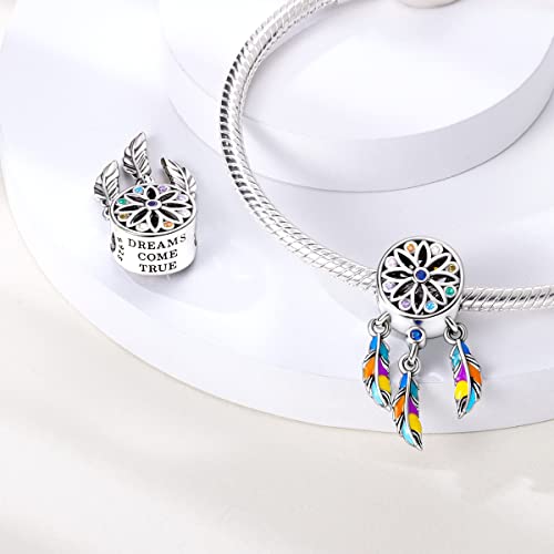 Hapour 925 Sterling Silver Charms for Bracelet Necklace Dangle Pendant Bead | Bear Charm, Elephant Zebra Cat Dream catcher Family Birthday European Jewelry Charm, For Women Mom - color: Colorful Dreamcatcher