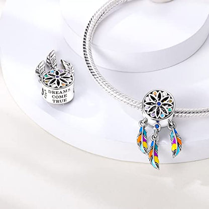 Hapour 925 Sterling Silver Charms for Bracelet Necklace Dangle Pendant Bead | Bear Charm, Elephant Zebra Cat Dream catcher Family Birthday European Jewelry Charm, For Women Mom - color: Colorful Dreamcatcher