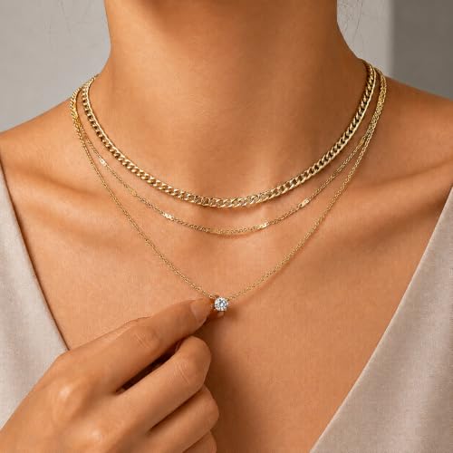 14K Gold Plated Necklace and Earrings Set for Women, 4-Piece | Layered Choker Necklace with CZ Stud Earrings, Gold Jewelry Set, Hypoallergenic Jewelry Gift for Women - color: Gold