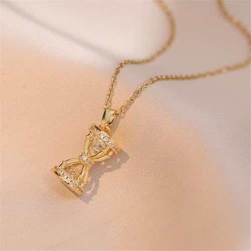 Dtja Dainty CZ Hourglass Pendant Necklace for Women 14K Gold Plated Stainless Steel Crystal Sand Clock Time Arrangement Theme Charms Link Chain Adjustable Necklaces Souvenir Jewelry Gift - color: Gold-Tone