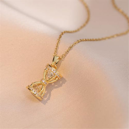 Dtja Dainty CZ Hourglass Pendant Necklace for Women 14K Gold Plated Stainless Steel Crystal Sand Clock Time Arrangement Theme Charms Link Chain Adjustable Necklaces Souvenir Jewelry Gift - color: Gold-Tone