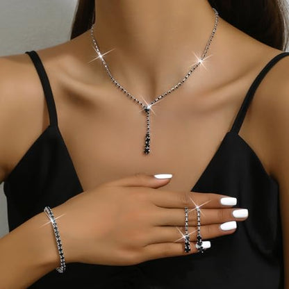 Gold Jewelry Set for Prom,Pearl Necklace Earrings Bracelet Crystal Bridal Wedding Prom Dresses Costume Jewelry Accessories Rhinestone Bridal Jewelry Set for Women - color: Black