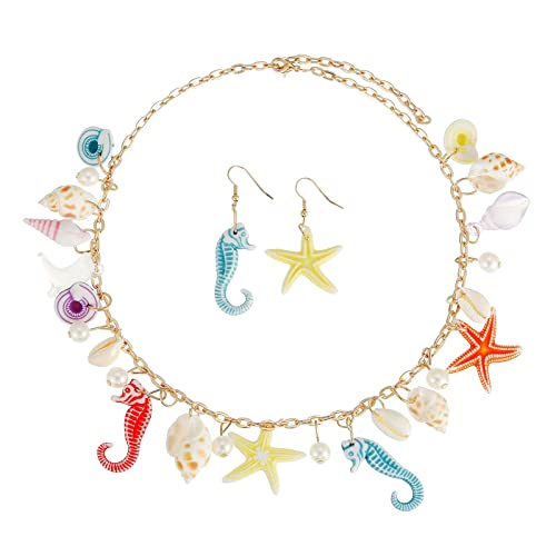RUOFFETA Shell Starfish Necklace Bracelet Conch Statement Chunky Necklace Mermaid Costume Jewelry Beach Jewelry for Women - style: Necklace & Earrings