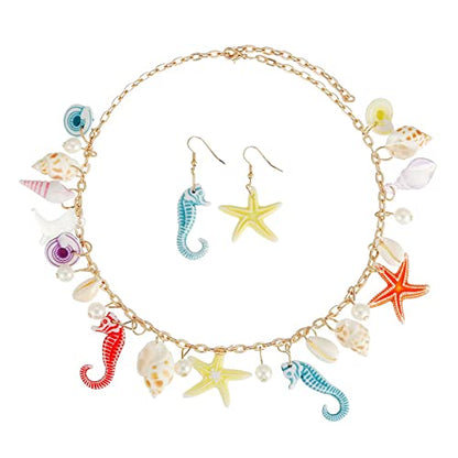 RUOFFETA Shell Starfish Necklace Bracelet Conch Statement Chunky Necklace Mermaid Costume Jewelry Beach Jewelry for Women - style: Necklace & Earrings