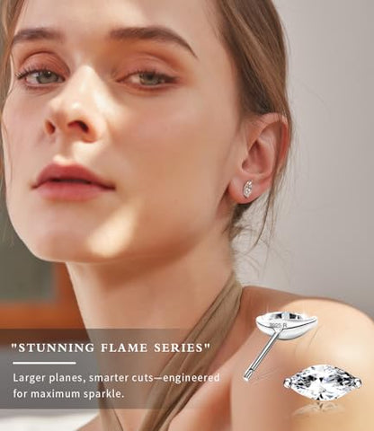 "STUNNING FLAME" Trillion-cut/Cushion-cut/Emerald-cut/Marquise-cut ... 18K White Gold Plated Sterling Silver Cubic Zirconia Simulated Diamond Stud Earrings for Women - color: Marquise-Cut, size: small-white gold plated silver