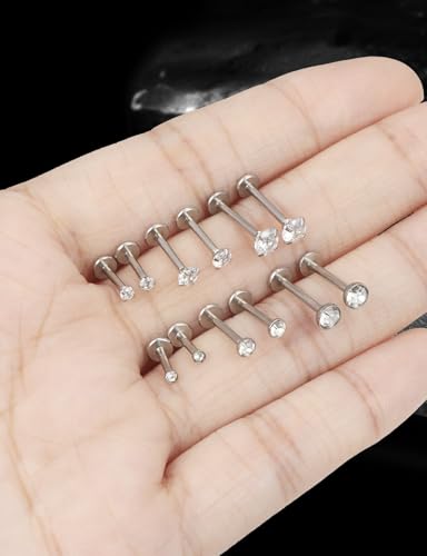 16G Internal Thread Flat Back Earrings Nose Studs 316L Surgical Steel Medusa Labret Monroe Lip Ring Tragus Forward Helix Conch Cartilage Lobe Earrings Stud Piercing Jewelry For Women Men - color: Silver-Clear CZ