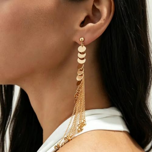 Gold Disc Tassel Dangle Drop Earrings for Women Layered Sequins Dangling Earring Sparkling Hanging Statement Jewelry Gift - color: gold1