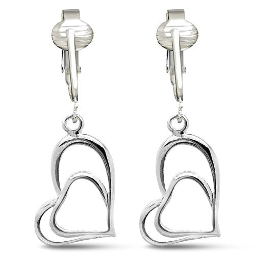 Silver Clip On Earrings For Women, They Look Pierced, Don't Pinch & Won't Fall Off, Hypoallergenic & Lightweight - color: Silver Hearts