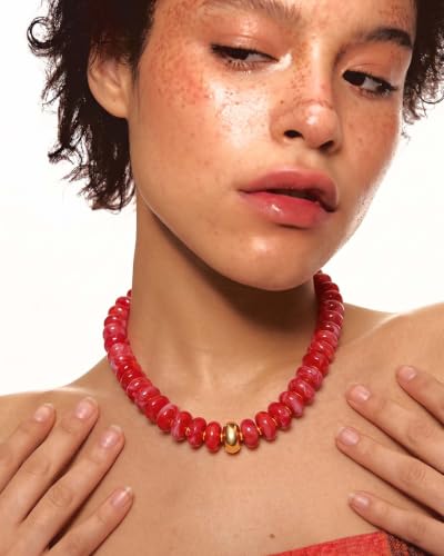 Chunky Beaded Necklace for Women Boho Statement Bead Necklace Adjustable Choker with Polished Disc/Square Beads Trendy Summer Beach Jewelry Gifts - color: Red