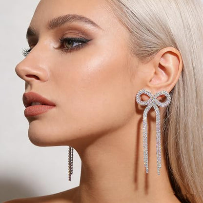 Rhinestone Earrings Dangling for Women Sparkly Silver Dangle Earrings Girls Long Chandelier Earrings Tassel Lightweight Ear Studs Cubic Zirconia (KE001S-W) - color: Bow 516286S-WAB Silver Crystal AB