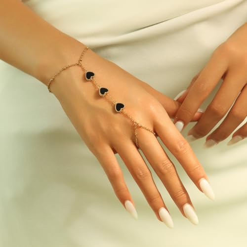 Hand Chain Bracelets for Women 14K Gold Plated Dainty Link Bracelet Bracelets Trendy Ring Bracelet Birthday Jewelry Gifts for Women - style: Black Heart