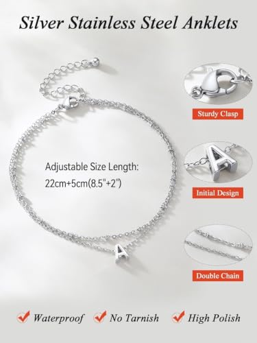 FaithHeart Initial Ankle Bracelets for Women, Waterproof 14k Gold Plated Initial Anklets Non Tarnish Stainless Steel Cute Layered Anklet Summer Beach Jewelry - color: Silver, size: Initial M