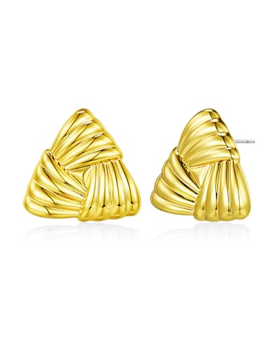 SNGIA 18K Gold Plated Chunky Statement Stud Earrings for Women by SNGIA, Geometric Square Triangle Irregular Knot Dome Earrings, Ribbed Ribbon Textured Gold Silver Fashion Jewelry Gift - style: 18K Gold Plated, Triangle