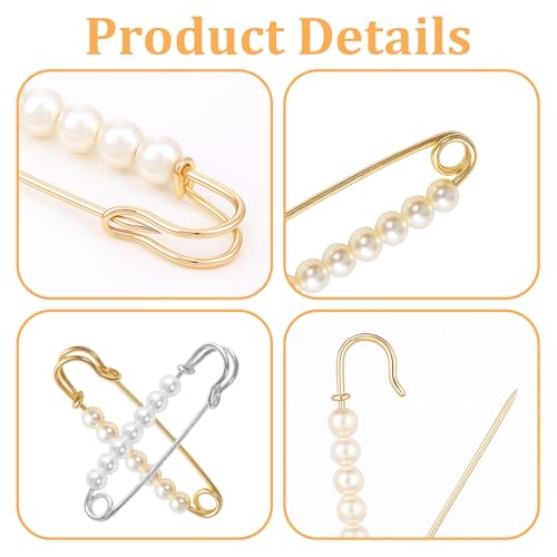 6 PCS Pearl Brooch Pin for Women Decorative Safety Pins, Faux Pearl Safety Pins for Clothes Pants Clips to Tighten Waist, Large Extender Decorative Pin for Shawl Sweater Dress Hat Pants Wedding