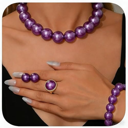 xuzhiyuan Statement Pearl Jewelry Set for Women - Includes Necklace, Bracelet, Earrings, and Ring | Colorful Faux Pearl Fashion Jewelry Set for Party, Wedding, Daily Wear - color: Purple