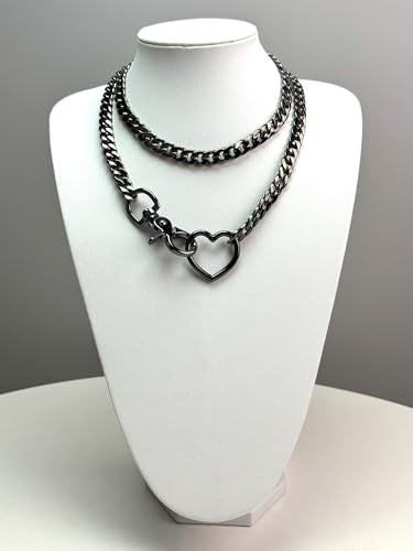 paloli Women's Slip Chain Rainbow Heart O-Ring Chunky Chain Necklace, Rays Cuban Long Layered Jewelry, Adjustable Lariat Y-Necklace Heart Loop Choker - color: E-Heart-Black-Black