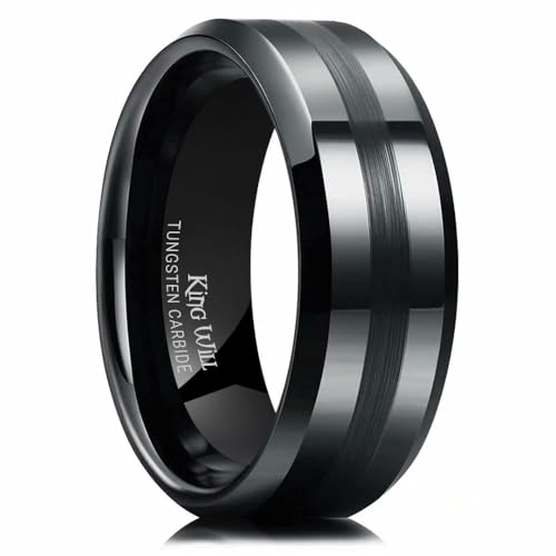 King Will Classic Tungsten Carbide Ring Brushed Two Grooved Center Hammered Design Mens Wedding Band for Men | Black/Silver/Gold, 8mm, Men's Wedding Band, Grooved, Comfort Fit, Everyday Wear - color: A-Black 8mm