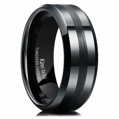 King Will Classic Tungsten Carbide Ring Brushed Two Grooved Center Hammered Design Mens Wedding Band for Men | Black/Silver/Gold, 8mm, Men's Wedding Band, Grooved, Comfort Fit, Everyday Wear - color: A-Black 8mm