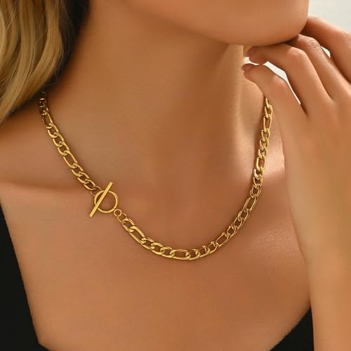 Chunky Gold Necklace for Women, 18K Gold Plated Paperclip, Figaro Link Chain Necklace, Toggle Clasp Necklaces, Trendy Non Tarnish Jewelry, Christmas Gifts - style: Figaro Toggle 17.7''-Gold