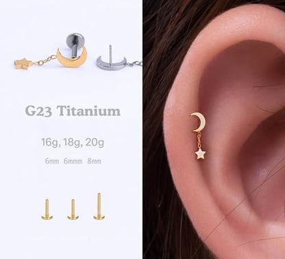 20G/18G/16G Flat Back Earrings Tiny Nose Stud, Cartilage Earring Threadless Tragus Helix Stud Conch Piercing Jewelry - color: Dangle(gold 2pcs), size: 20 gauge (0.8mm post)