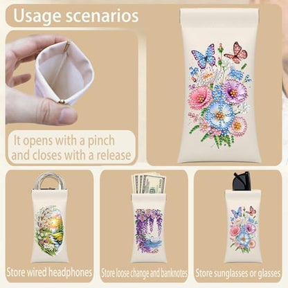 Diamond Art Painting Eye Glass Bag PU Sunglasses Glasses Storage Bag Built-in Glasses Cloth Press Automatic Closure - color: Flowers02