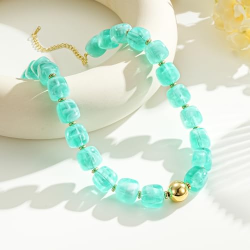 Ritach Chunky Beaded Necklaces for Women - Colorful Large Square Acrylic Beaded Necklace Boho Chunky Necklace Adjustable Statement Choker Necklace for Women Waterproof Summer Beach Jewelry Gifts - color: Mint Green