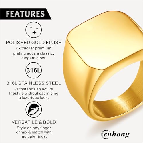 Men's Stainless Steel Square Biker Signet Ring, Black Silver Gold Styles | plain flat top, polished and brushed finish options, chunky profile, pinky or thumb styling, gift-ready for dad or him - color: Gold