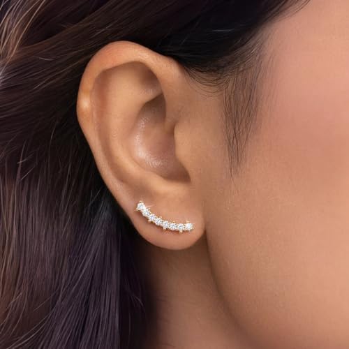 Ear Climber Earrings for Women, 14K Gold Plated/Silver Plated | Crawler Earrings Pierced with Cubic Zirconia, Hypoallergenic Cluster Stud Tragus Conch Daith Cartilage Jewelry Gift for Daily - color: Gold-5