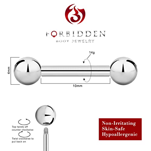 Forbidden Body Jewelry nipple barbell, nipple bars, silver nipplerings piercing Surgical Steel 8g - 18g Straight Barbell Body Jewelry (Sold Individually) - style: 14G 10mm (3/8") 4mm Balls