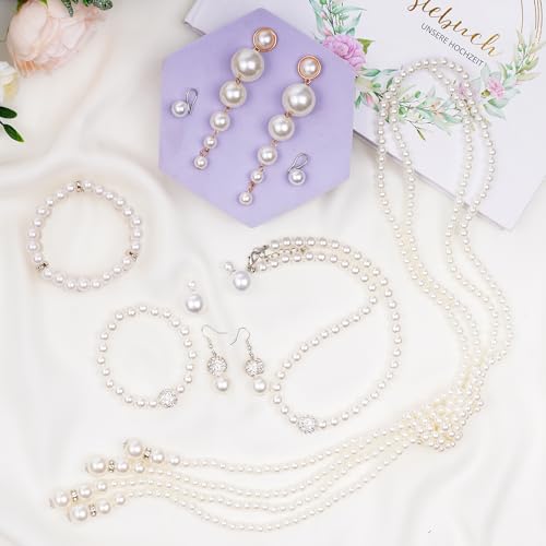 Faux Pearl Necklace and Earrings Set for Women Faux Pearl Bracelets Costume Jewelry Set for Wedding Bridal Birthday Party