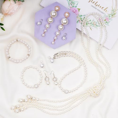 Faux Pearl Necklace and Earrings Set for Women Faux Pearl Bracelets Costume Jewelry Set for Wedding Bridal Birthday Party