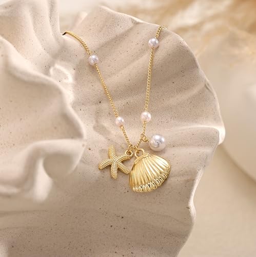 Shell Starfish Charm for Women, Dainty Layered 14K Gold Plated Seashell Conch Starfish Pearl Pendant Necklace for Women Stack Trendy Beach Cuban Link CZ Chain Necklace Summer Vacation Jewelry - color: Shell Starfish Pearl Necklace