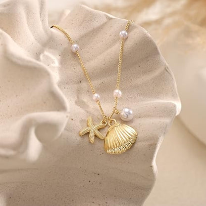 Shell Starfish Charm for Women, Dainty Layered 14K Gold Plated Seashell Conch Starfish Pearl Pendant Necklace for Women Stack Trendy Beach Cuban Link CZ Chain Necklace Summer Vacation Jewelry - color: Shell Starfish Pearl Necklace