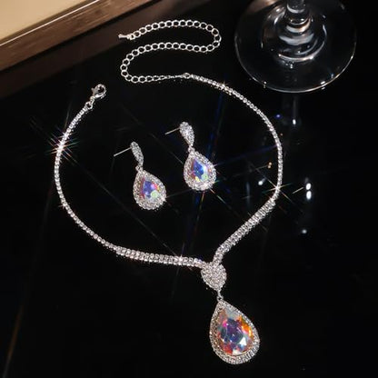 Fashion Red Black Colorful Bridal Teardrop Layered Crystal Necklace Earrings Set Sparkly Rhinestone Crystal Elegant Bridal Teardrop Shape Choker Earrings For Prom Costume Set Christmas Halloween Full Rhinestone Choker Necklace Earrings for Women - color: