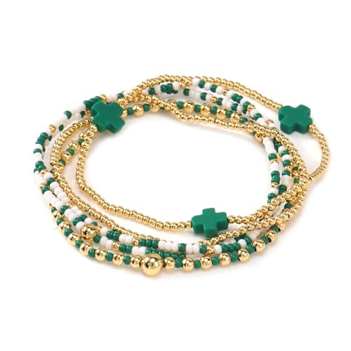 Gold Beaded Bracelets Stack for Women Stackable 14K Gold Plated Beads Ball Cross Bracelet Boho Christian Jewelry Faith Friendship Birthday Gifts for Women - color: St Patricks Day