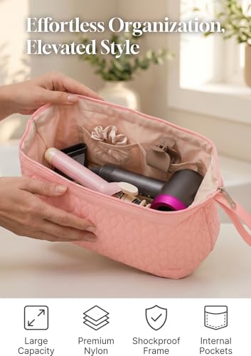 TeeYee Nylon Hair Tools Travel Bag for Dyson Airwrap Quilted Toiletry Bag | Travel Storage Bag for Shark Flexstyle/Curling Iron,Water-repellent,Wide-open,Well-structured,Heat-safe lining,002pink - color: 002Pink
