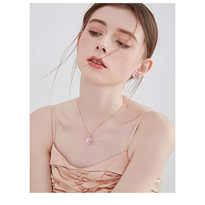Bridal Crystal Jewelry Set - Sterling Silver Round Cubic Zirconia CZ Rhinestone Halo Birthstone Pendant Necklace Stud Earrings Set for Wedding Bride Bridesmaids Birthday Gift - color: Pink
