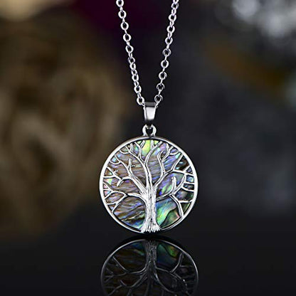 Barzel 18K White Gold Plated Created Abalone Shell Tree Of Life Necklace, 18 Inches with 2 Inches Extension - Made in Brazil