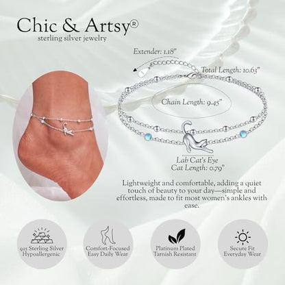 CHIC & ARTSY 925 Sterling Silver Ankle Bracelets for Women, Adjustable Layered Foot Chains with Nature & Symbol Charms, Lightweight Comfort Fit Boho Beach Everyday Jewelry - color: # Cat Anklet