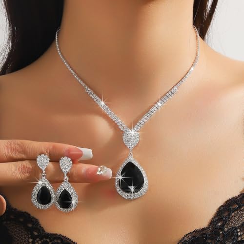 Fashion Red Black Colorful Bridal Teardrop Layered Crystal Necklace Earrings Set Sparkly Rhinestone Crystal Elegant Bridal Teardrop Shape Choker Earrings For Prom Costume Set Christmas Halloween Full Rhinestone Choker Necklace Earrings for Women - color: