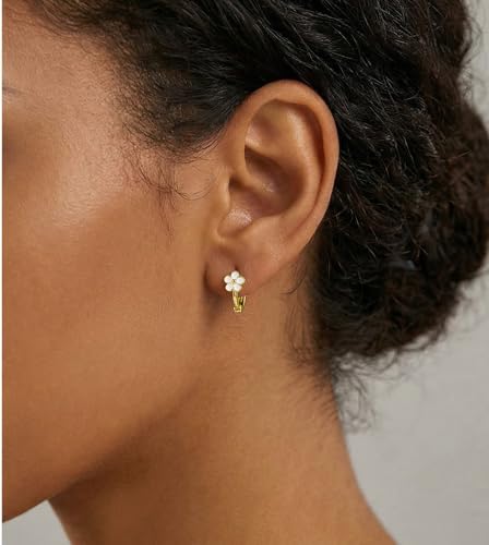 Reffeer Solid 925 Sterling Silver Flower Hoop Earrings Huggie for Women Teen Girls Daisy Hoop Earrings Cartilage Helix Earrings - color: B-Yellow